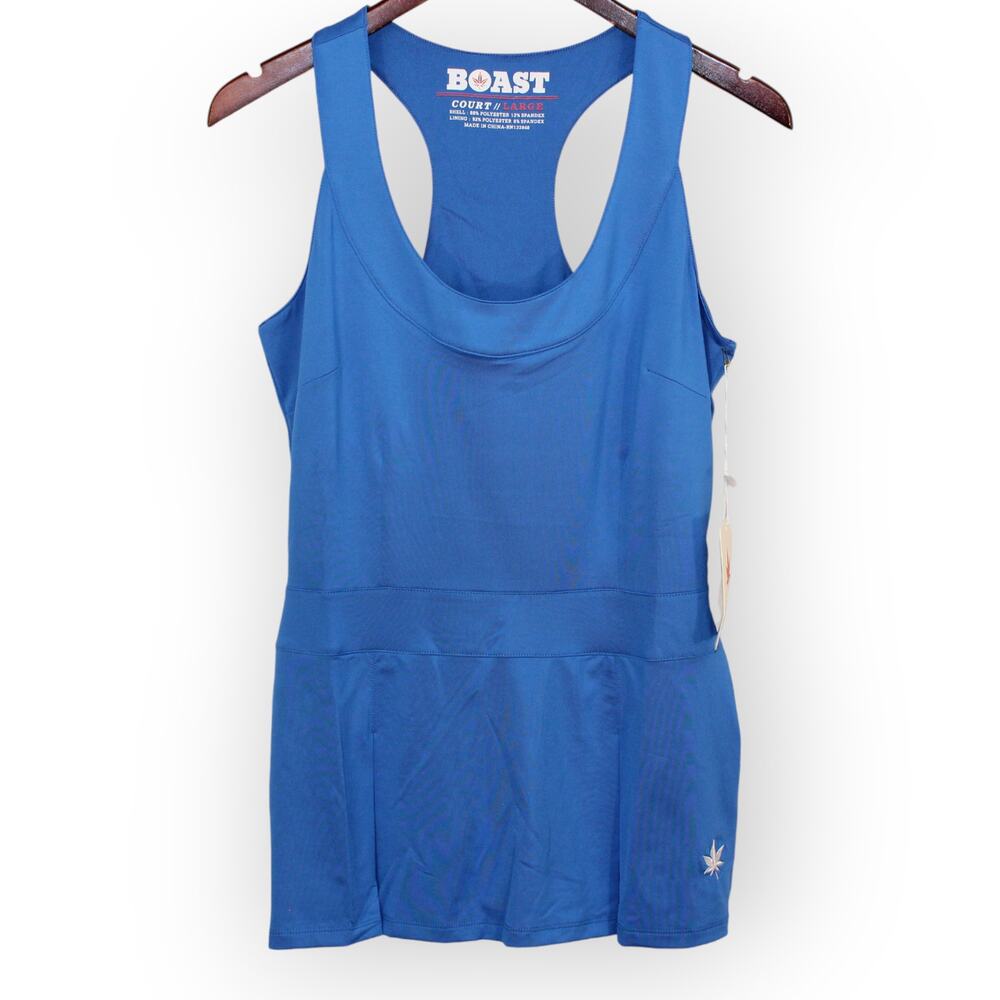 BOAST USA Women Pleated Long Tank Large Royal Stretch Bra Racerback Leaf Logo - Picture 3 of 6